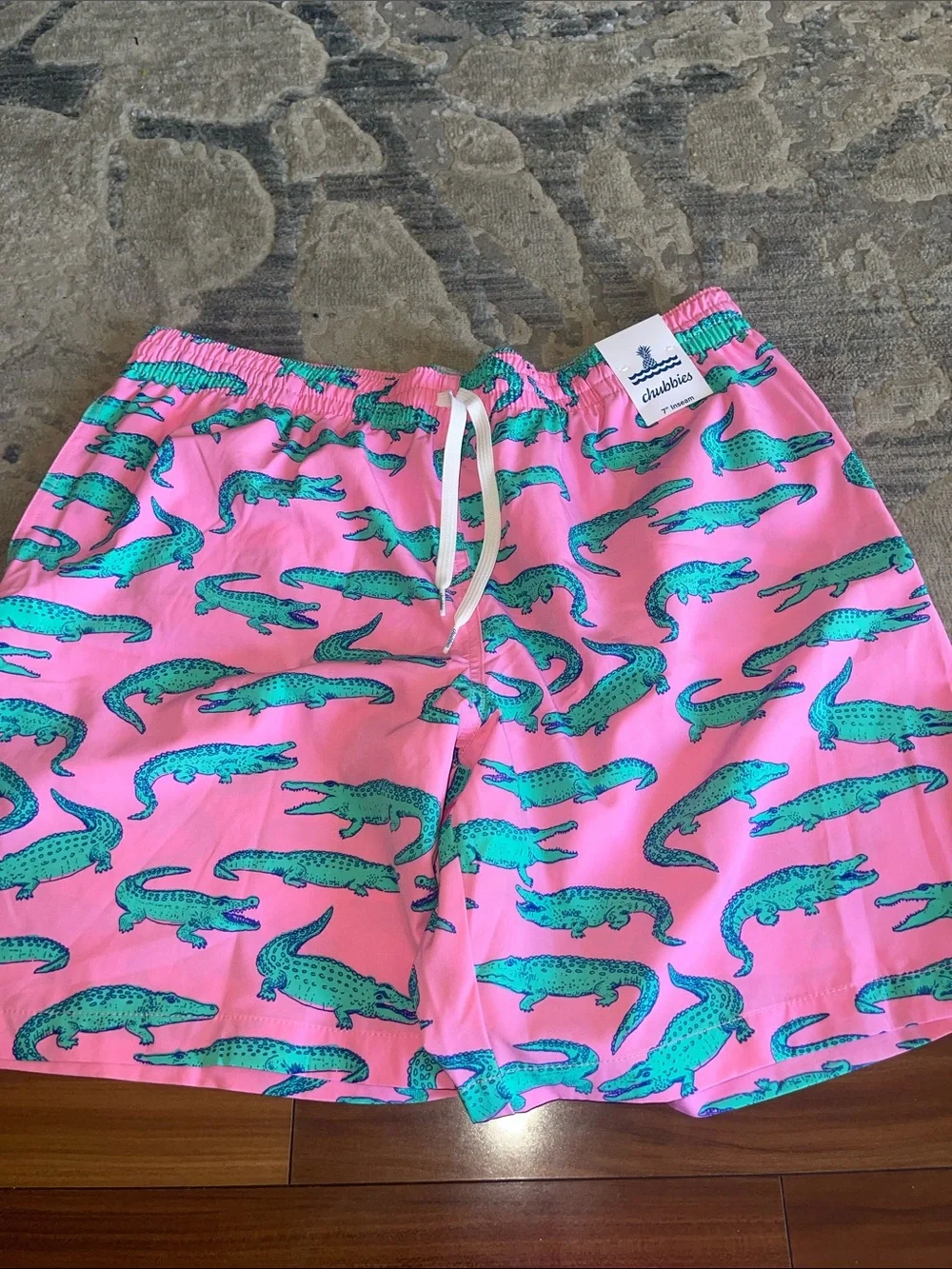 chubbies Pink Swim Board Shorts with Green Crocodile Print